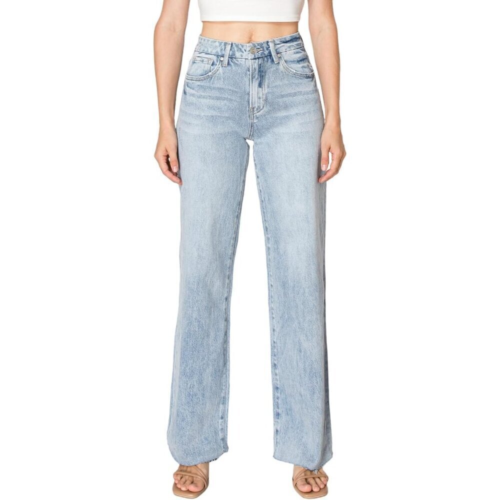 High Waisted Wide Leg Jeans for Women Stretchy Tummy Control Raw Hem Denim